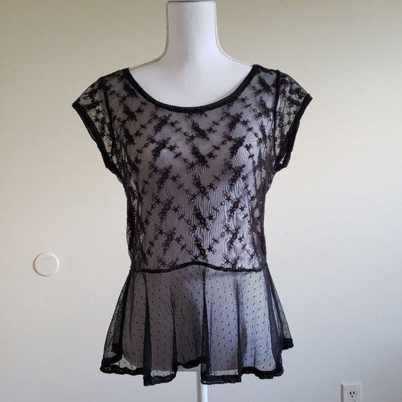 aerie Tops - 📌 Aerie Black Sheer Lace  Cap Sleeve Peplum Top